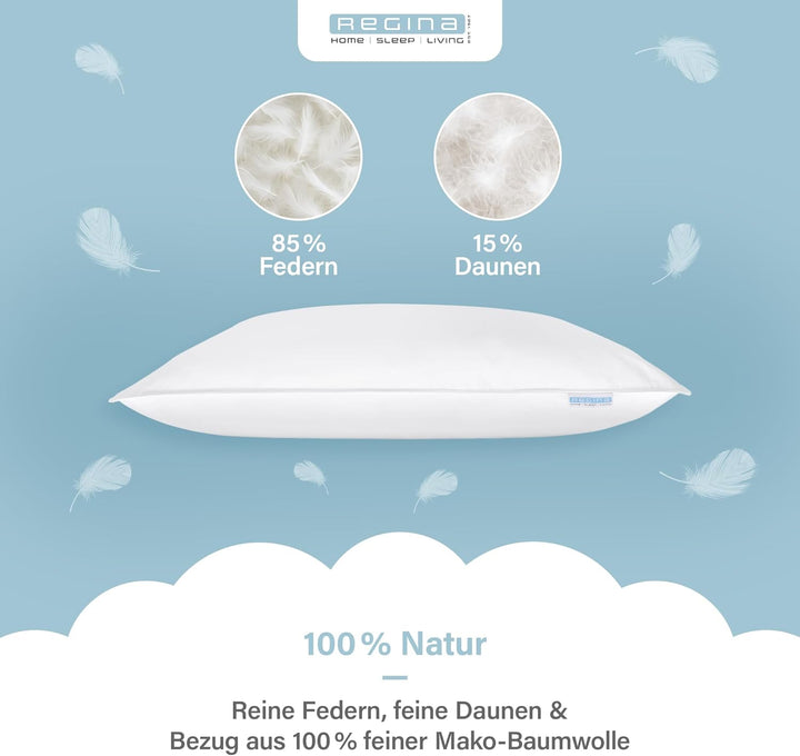 Regina Home Kopfkissen 80x80 cm - Fest - Ergonomisches Nackenkissen mit 85% Federn &amp; 15% Daunen - Wa