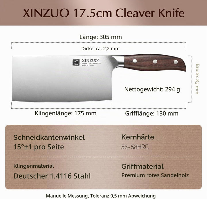 XINZUO Deutschem 1.4116 Edelstahl 17.5cm Hackmesser,Profi Hackbeil Scharfe Klinge Chinesisches Kochm