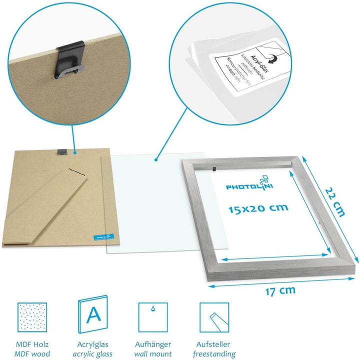 PHOTOLINI Bilderrahmen 15x20 Holz MDF, 3er Set Bilderrahmen 20x15 Silber, Picture Frame mit Acrylgla