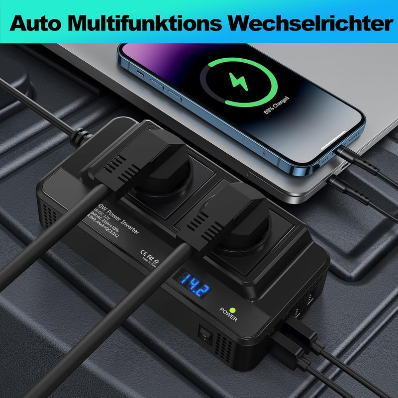 200W Auto Spannungswandler Wechselrichter DC 12V to AC 230V mit 2 Steckdosen und 4 USB Ports Schnell