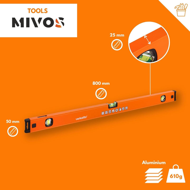 MIVOS - Aluminium Wasserwaage 80 cm mit Spiegel-Funktion - 3 präzise Libellen - Wasserwaage mit erhö