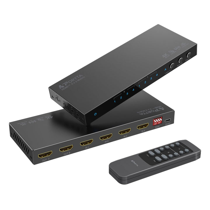 HDMI Matrix 4x2 4K 60Hz, PORTTA HDMI Switch Splitter 4 in 2 Out mit Toslink 3.5mm Audio Extractor AR
