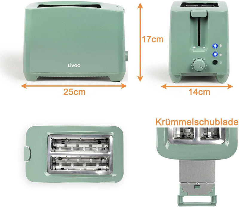 Toaster 2 Scheiben Grün 750 Watt - Toastautomat mit Krümelschublade 7 Bräunungsstufen - Regelbarer T