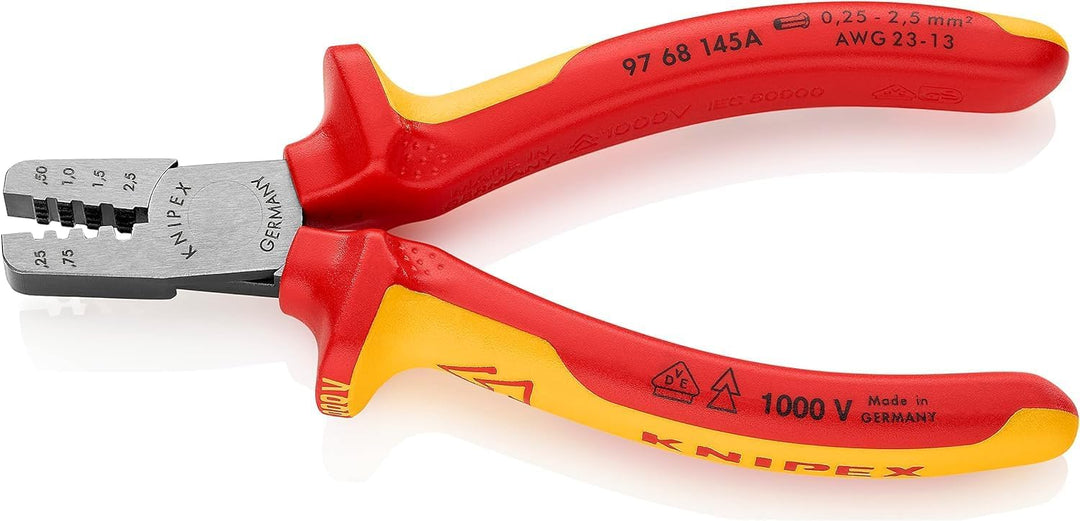 KNIPEX Crimpzange für Aderendhülsen isoliert mit Mehrkomponenten-Hüllen, VDE-geprüft 145 mm, 97 68 1
