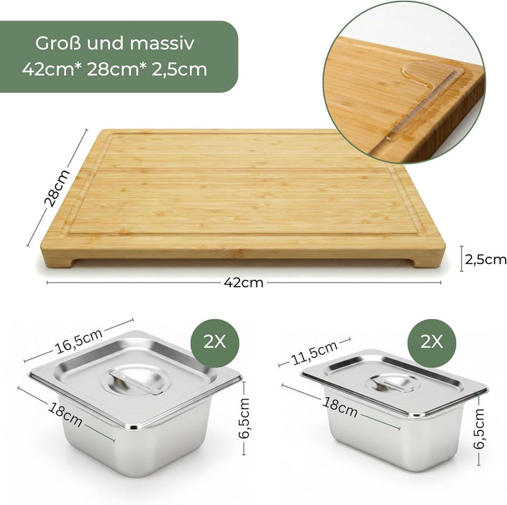 Schneidebrett aus Bambus extra gross und ausziehbar inkl. Auffangschalen aus Edelstahl und Ablage au