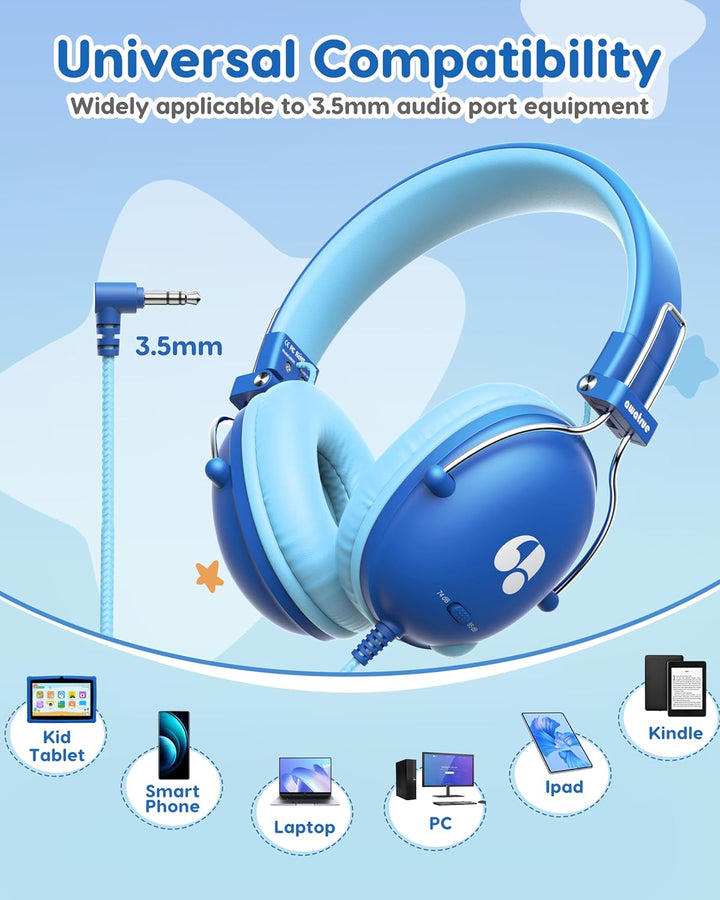 awatrue Kinder Kopfhörer, 74/85dB Lautstärkegrenze Kopfhörer Kinder mit Kabel, Stereo Sound, HD-Ton,