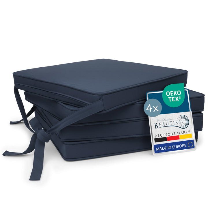Beautissu Loft SK Stuhlkissen 45x40 cm Blau - 4er Set Stuhlpolster mit Bändern Sitzkissen für Stühle