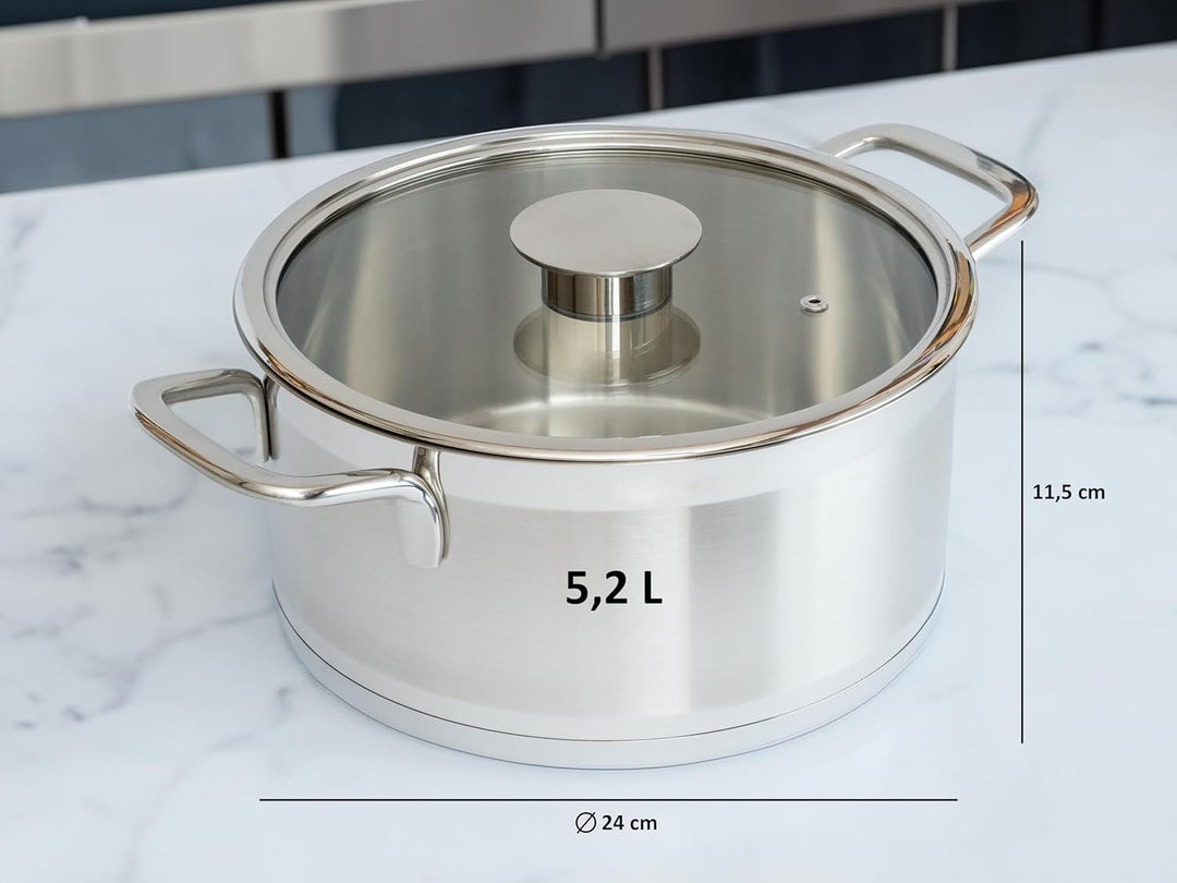 GRANA HOME Induktions Kochtopf aus 100% Edelstahl mit Deckel aus Glas mit Dampfloch, Bratentopf für