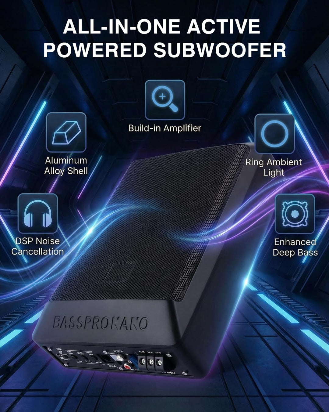 Ultraflacher Auto-Subwoofer, geeignet für Limousinen/LKW, mit integriertem Verstärker, unter den Sit