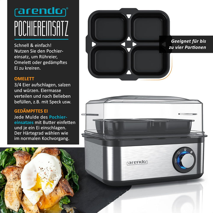 Arendo - Eierkocher Edelstahl für 1 bis 8 Eier - Egg Cooker - 500 W – Kontroll Leuchte – Drehregler