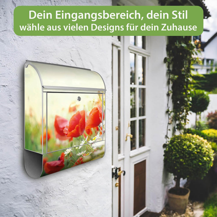 banjado® Design Briefkasten mit Motiv Kamille Und Mohn 39x47x14cm &amp; 2 Schlüssel - Briefkasten Stahl