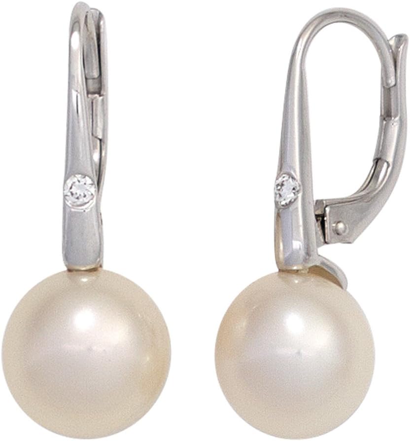 Jobo Damen-Ohrhänger aus 585 Weissgold mit Perlen und 2 Diamanten