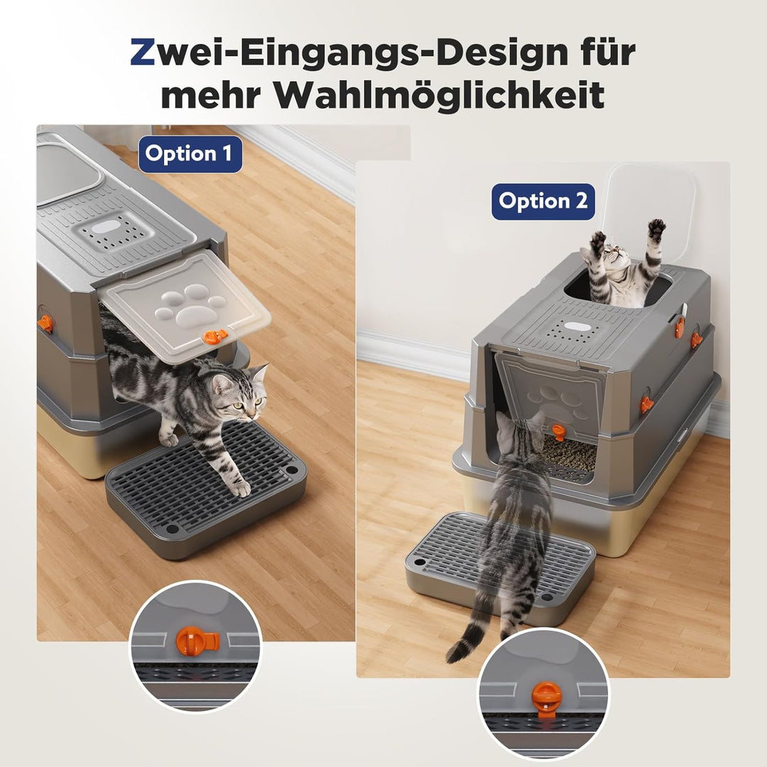 MIXJOY Edelstahl Katzenklo XXL mit Deckel, Katzentoilette Edelstahl Zwei-Tür-Konfiguration, Geschlos