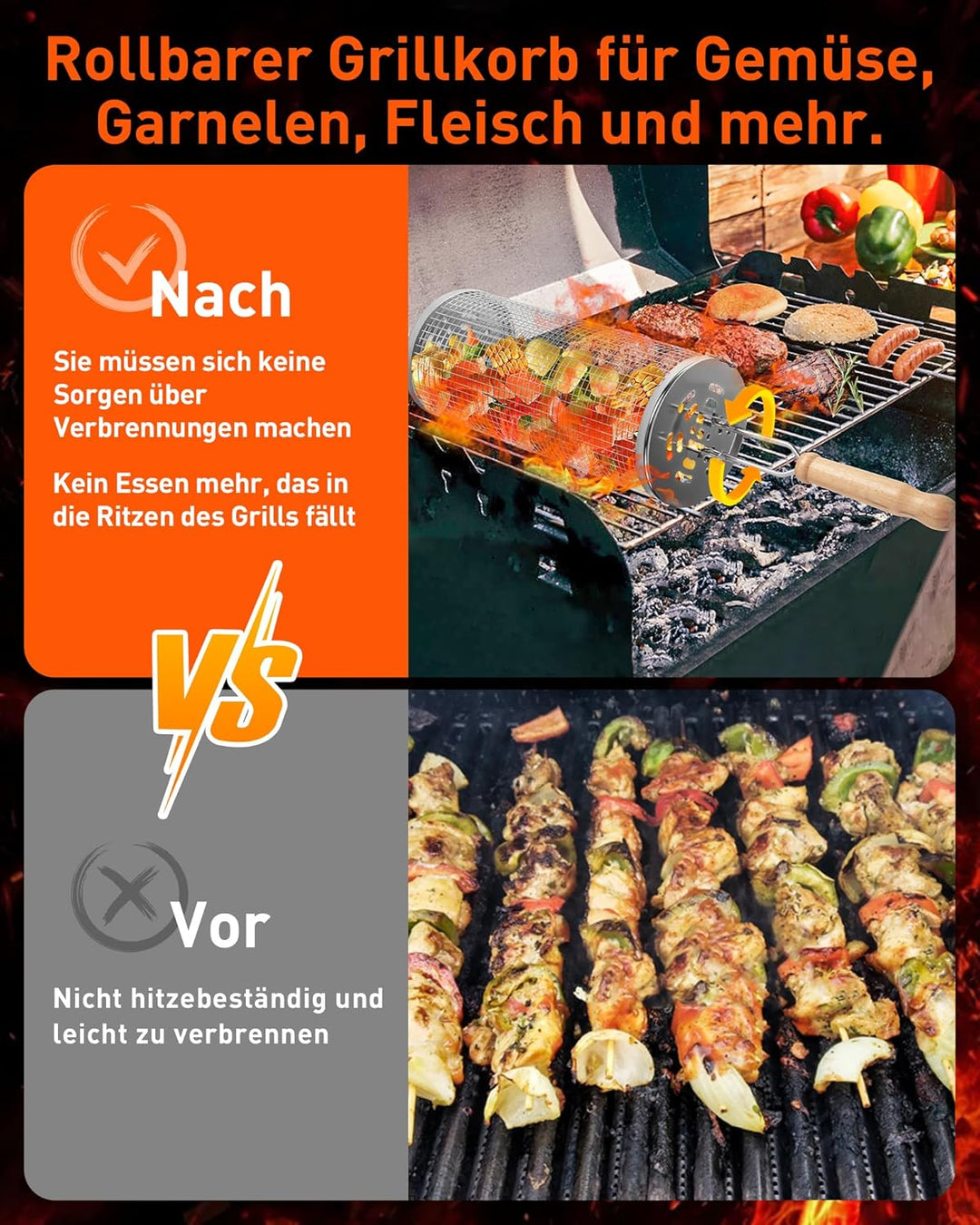 OWZ Rollendes Grillkorb Set - 2 Stück Grillkorb Edelstahl mit Holzgriff - Rolling Grilling Basket -