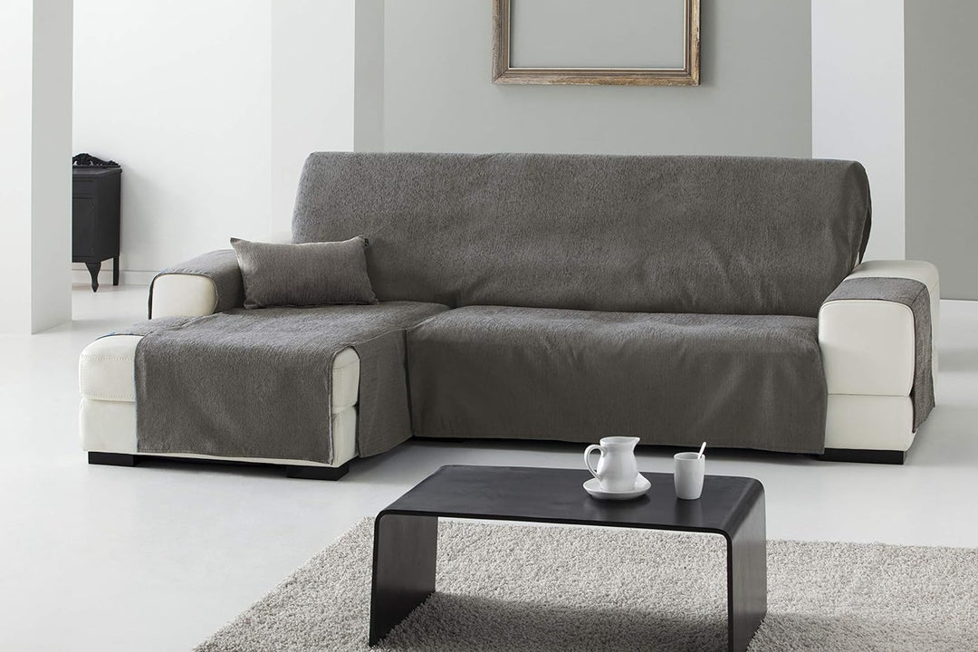 Eysa Praktische Sofahüllen, Chaise Longue 240 cm, Rechte Vorderansicht, Stoff, Weiss, Drei Quadrate