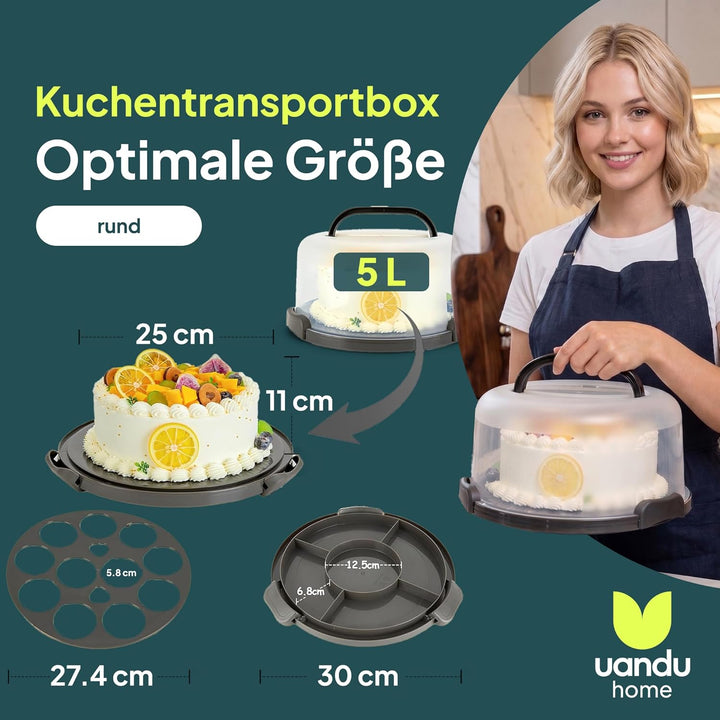 uandu Kuchen Transportbox rund, Tortentransportbox mit Haube und Griff. Box mit Deckel, Aufbewahrung