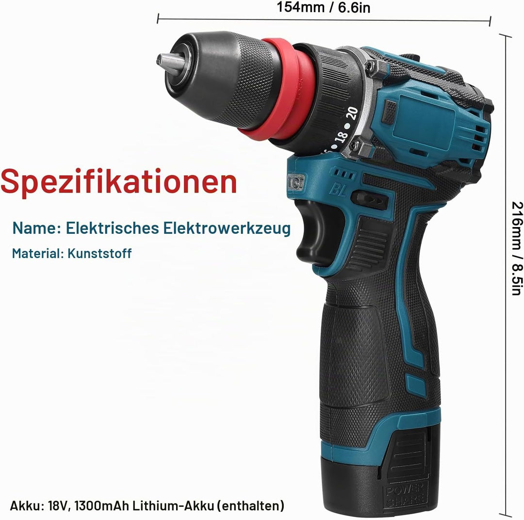 Weytoll 18-V-Akku-Bohrschrauber, zwei 1300-mAh-Akkus, max. 45 Nm Drehmoment, 23+1 Drehmomentstufen,