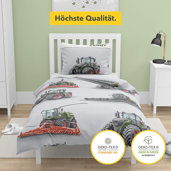 Träumschön Traktoren Bettwäsche 135x200 Jungen - Traktor &amp; Mähdrescher Design - Graue Bettwäsche aus