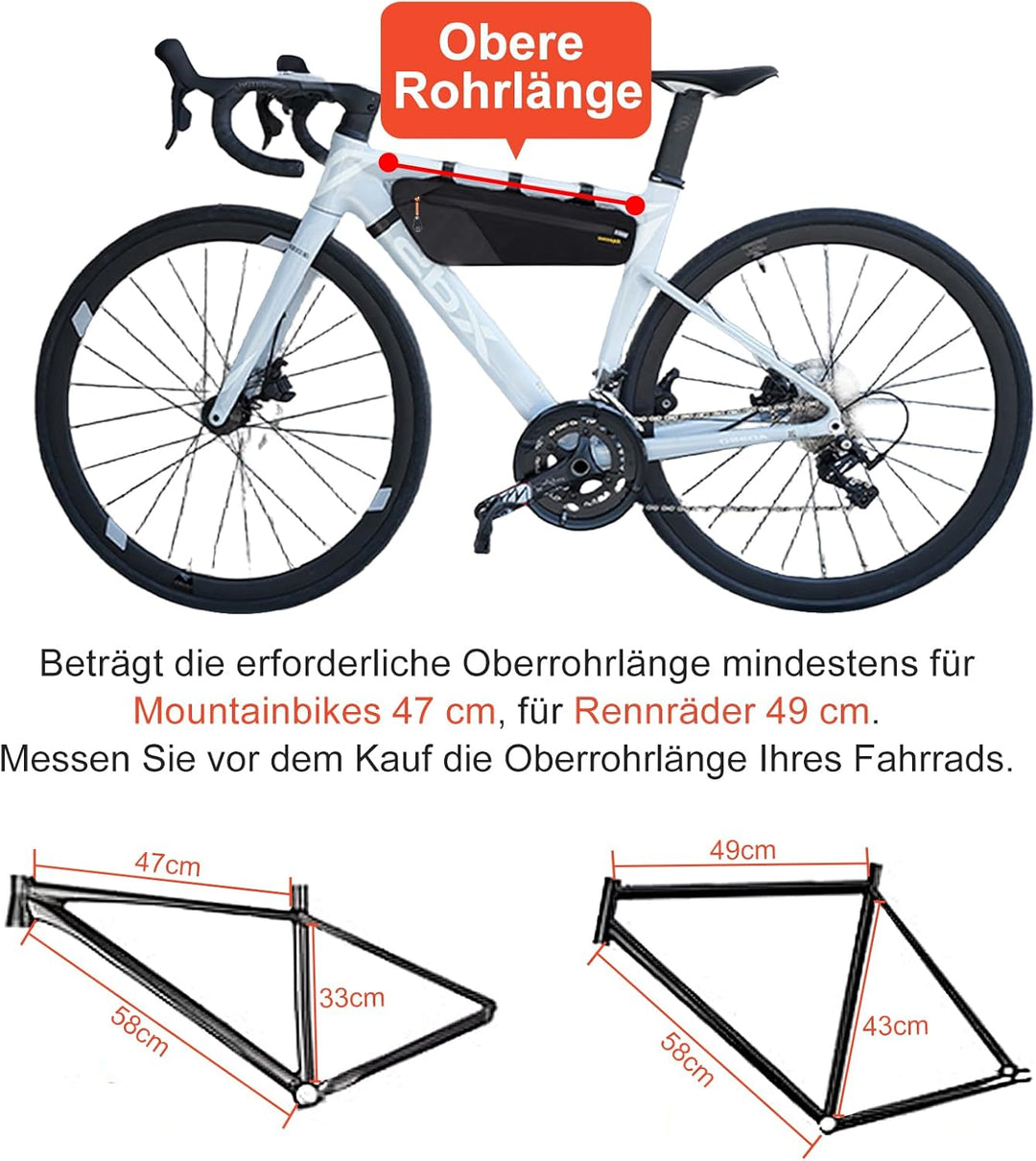 Fahrrad Rahmentasche 2,5 Liter Wasserdicht IPX6– Schmale Dreieckform mit Lackschutz für Gravelbike,