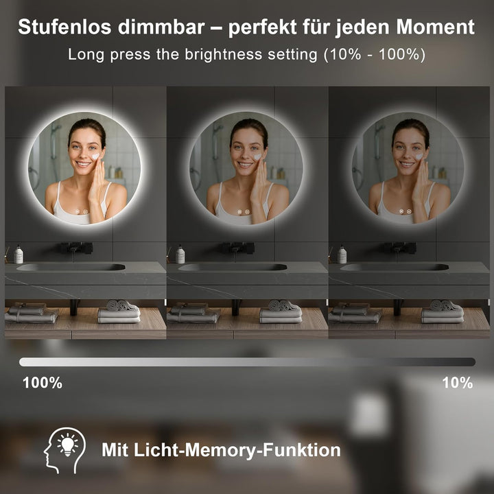 AllRight LED Spiegel Bad mit Beleuchtung 60cm Rund - Touch-Schalter, Beschlagfrei - Badezimmerspiege