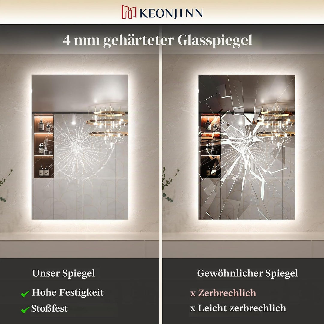 Keonjinn Badspiegel mit Beleuchtung Rechteckig 180x80cm, Badezimmerspiegel mit Beschlagfrei Touch Sc