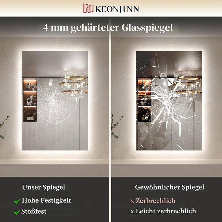 Keonjinn Badspiegel mit Beleuchtung Rechteckig 180x80cm, Badezimmerspiegel mit Beschlagfrei Touch Sc