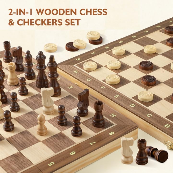 Peradix 2 in 1 Schach und Dame Spiel aus Holz - 38x38CM Klappbar Schachbrett Magnetisch Handgefertig