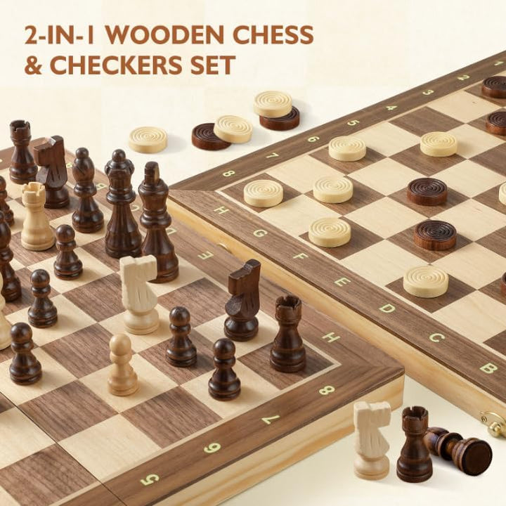 Peradix 2 in 1 Schach und Dame Spiel aus Holz - 38x38CM Klappbar Schachbrett Magnetisch Handgefertig