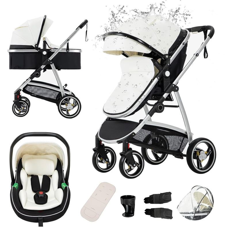 Gcarebb PU Leder 3 in 1 Kinderwagen, Citadinen-Buggy mit Autositz, tragbar, zusammenklappbar, mit ei