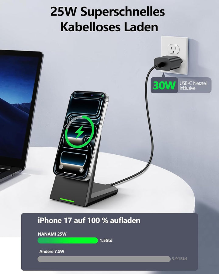 NANAMI 25W MagSafe Ladegerät mit 30W USB-C Adapter, Superschnell Desktop Wirelss Charger, Magnetisch