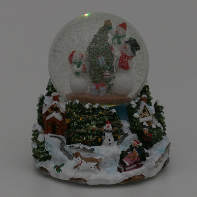 Dekohelden24 Schneekugel, Tannenbaum mit Schneemänner, mit Schneewirbel, Sound und Licht, Masse H/B/