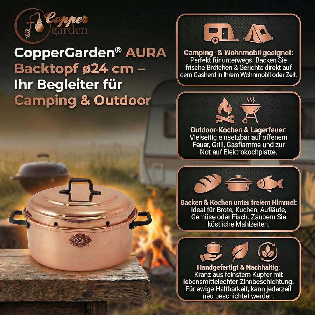 CopperGarden Aura24 Backtopf aus Kupfer I Kupfertopf für Camping/Gasherd/Grill & Lagerfeuer I Kupfer