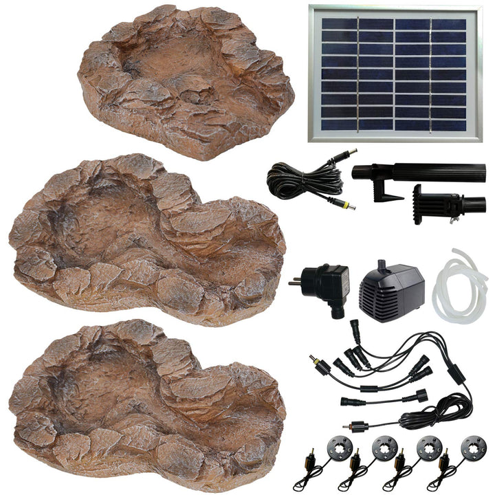 Amur Solar GARTENBRUNNEN Bachlauf QUELLBACH II mit LED-Licht/Hybrid-System, 230V ZIERBRUNNEN VOGELBA