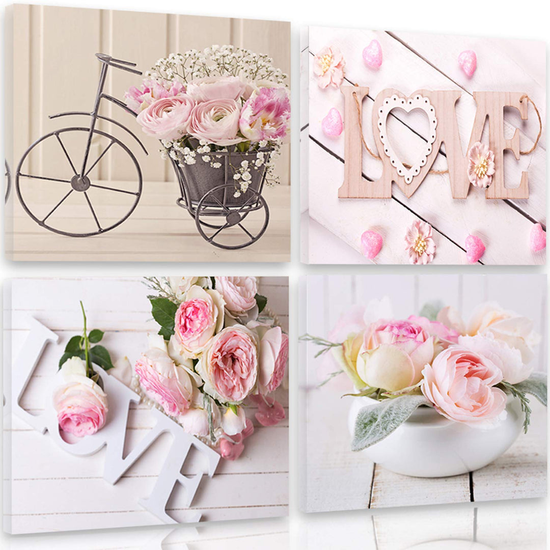 Feeby Frames, Leinwandbild, Bilder, Wand Bild - 4 Teile - Wandbilder, Kunstdruck 40x40 cm, Love, Ros