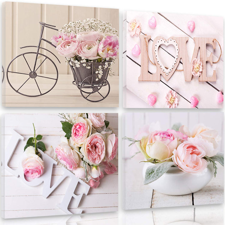 Feeby Frames, Leinwandbild, Bilder, Wand Bild - 4 Teile - Wandbilder, Kunstdruck 40x40 cm, Love, Ros
