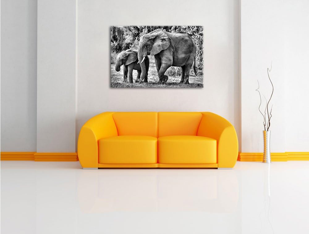 Pixxprint Elefantenkuh neben Jungtier / 100x70cm Leinwandbild bespannt auf Holzrahmen/Wandbild Kunst