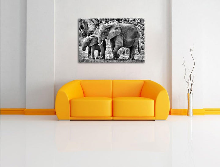 Pixxprint Elefantenkuh neben Jungtier / 100x70cm Leinwandbild bespannt auf Holzrahmen/Wandbild Kunst