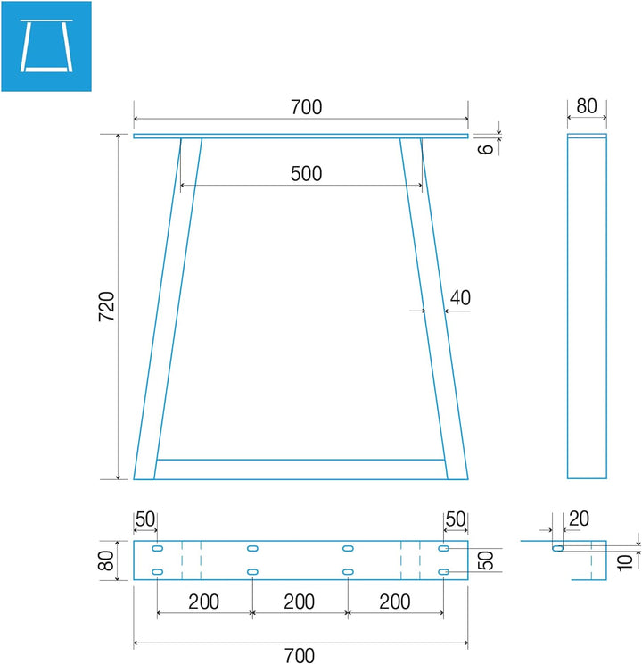 mina concept 11-2 Tischkufen Edelstahl – Tischgestell Trapez-förmig – Aussenmasse 70 x 72 cm – Profi