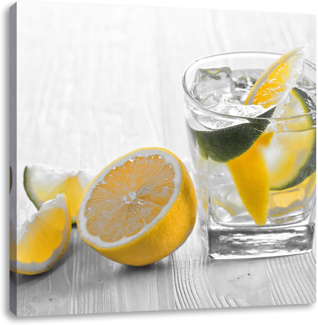 Pixxprint Gin Tonic Shot mit Zitronen Schwarz/Weiss, Format: 70x70 auf Leinwand, 70x70