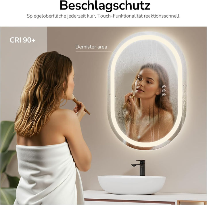 EMKE Badspiegel mit Beleuchtung 60x80cm Oval Spiegel mit Touch-Schalter/3 Lichtfarbe Dimmbar/Antibes