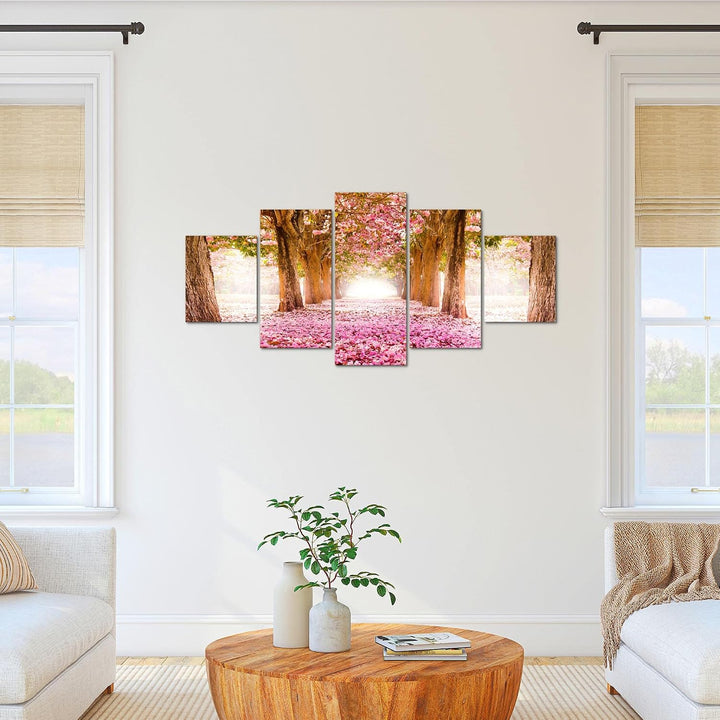 Runa Art Bild Schlafzimmer Wohnzimmer Wald Landschaft 5 Teilig Natur Rosa Wandbilder auf Vlies Leinw