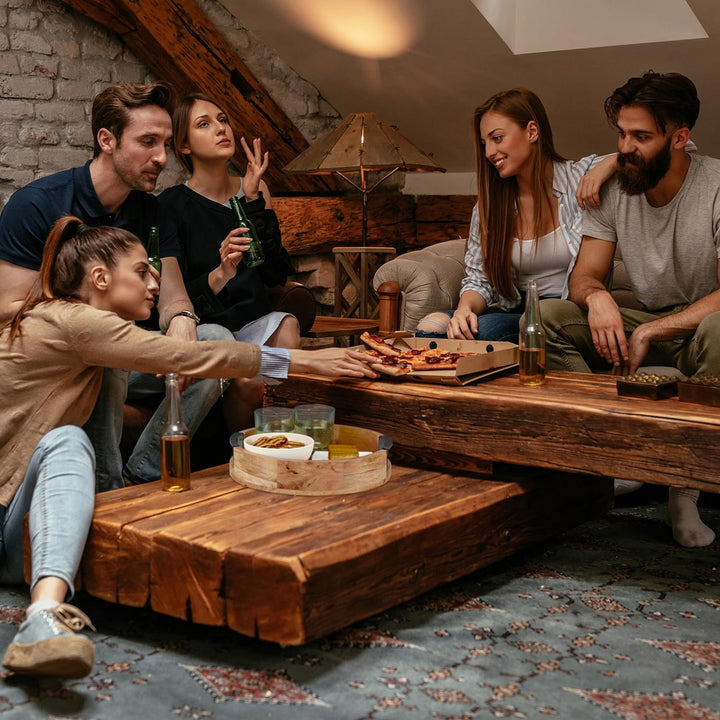 Relaxdays Tablett, rundes Serviertablett, Mangoholz, HxD: 7,5 x 35 cm, Holztablett mit Griffen, Deko