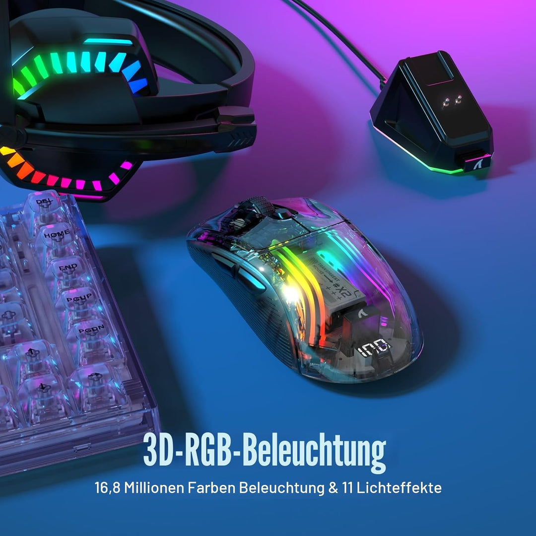 ATTACK SHARK X2 Pro Kabellose Gaming Maus mit Charging Station, Leise Maus Tri-Mode(BT5.0/2.4G Wirel