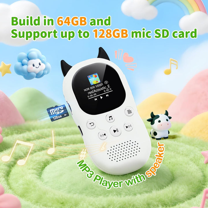64GB MP3 Player Kinder Bluetooth 5.3 MP3-Player mit Lautsprechern UKW-Radio, Wecker, 750-mAh-Akku, B