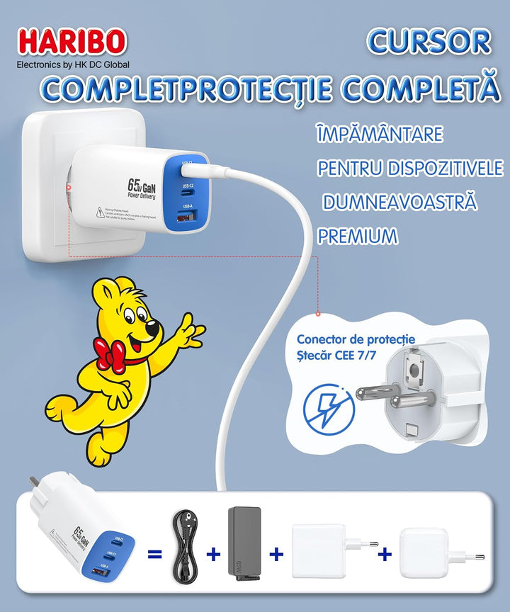 HARIBO USB C Ladegerät 65W 3-Port USB-C Netzteil Schnellladegerät PD PPS kompatibel mit MacBook, für