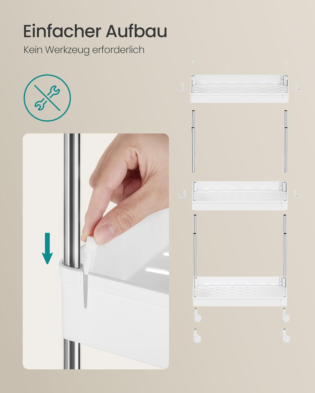 SONGMICS Rollwagen, Küchenwagen, Küchenregal, Nischenregal, mit 6 Haken, 360° drehbare Räder, Stahlg