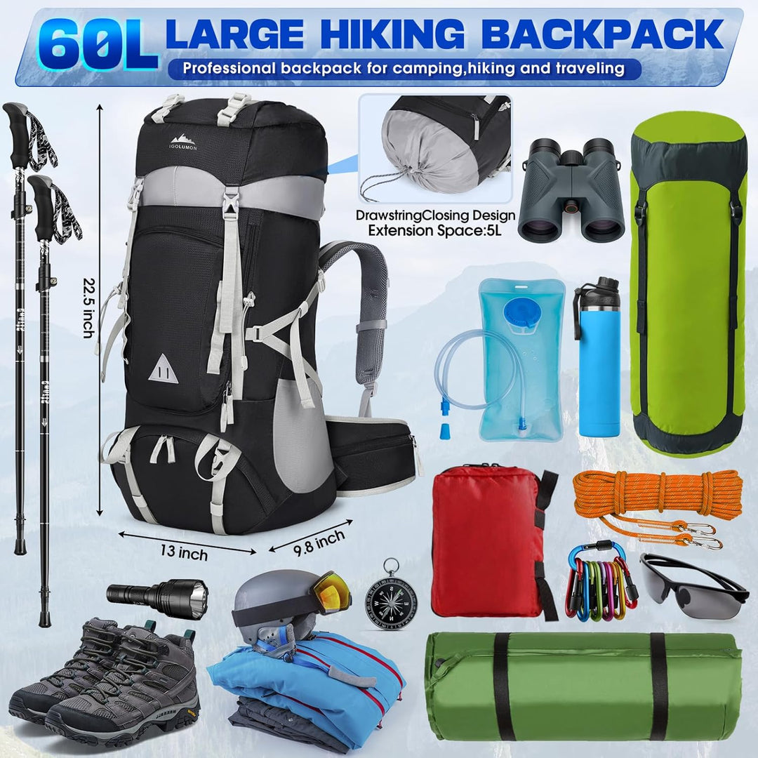 IGOLUMON Wanderrucksack 60L Herren Damen Trekkingrucksack Reiserucksack Grosser Wasserdicht Wandern