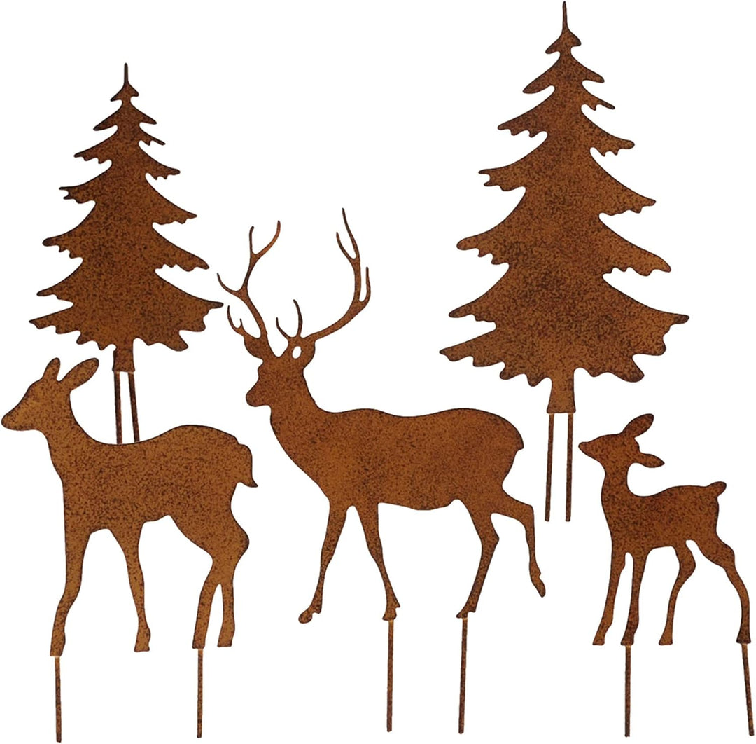 Gartenstecker Deko Rehe und Hirsche mit 2 Tannen in Rostpotik 5er Set - Weihnachtsdeko zum Basteln -