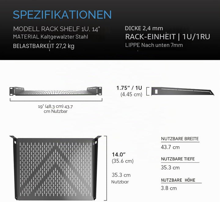 AC Infinity Universalregal mit Belüftungsöffnung, 1U, 35,6 cm tief, für 48,3 cm grosse Geräteregale,