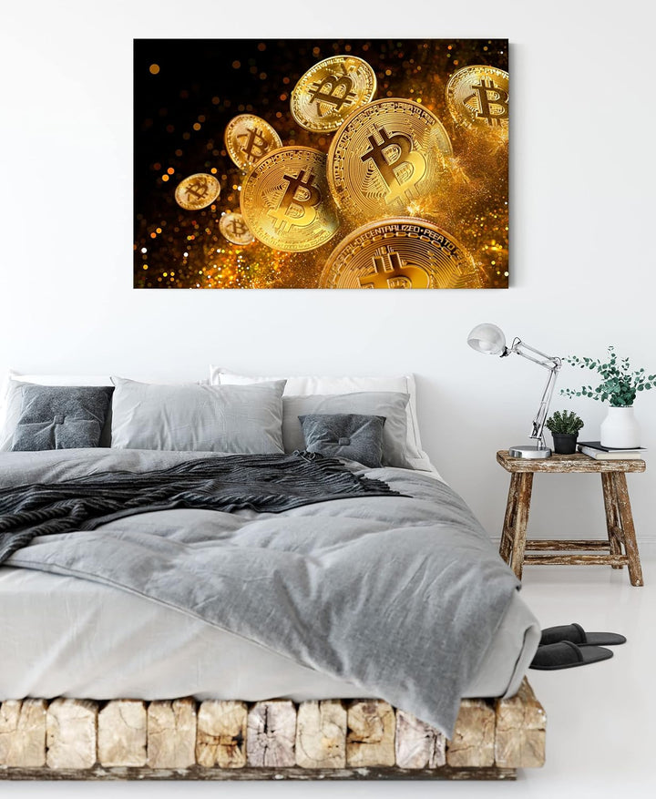 Pixxprint funkelnder Bitcoin BTC als Leinwandbild | Grösse: 100x70 cm | Wandbild | Kunstdruck | fert